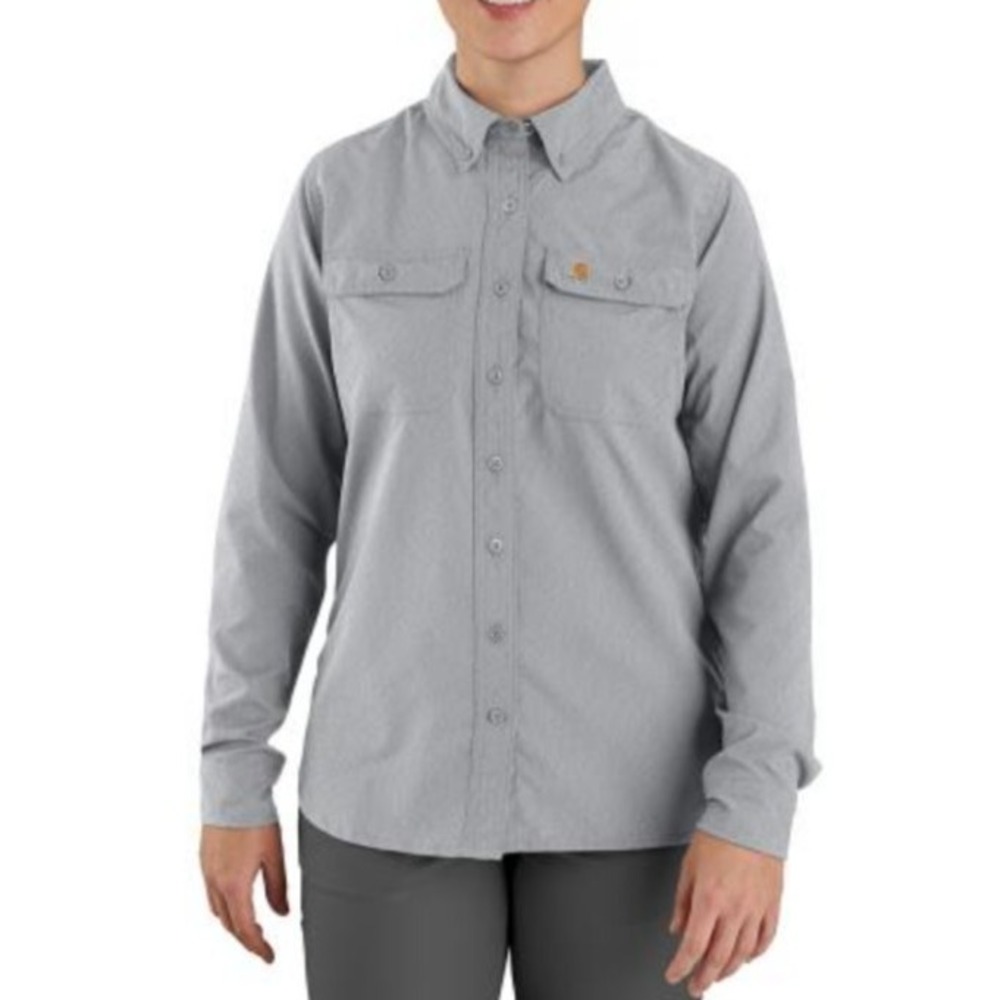 Carhartt Button‎ Down Shirt Women XL Gray Force Relaxed Fit Lightweight Logo